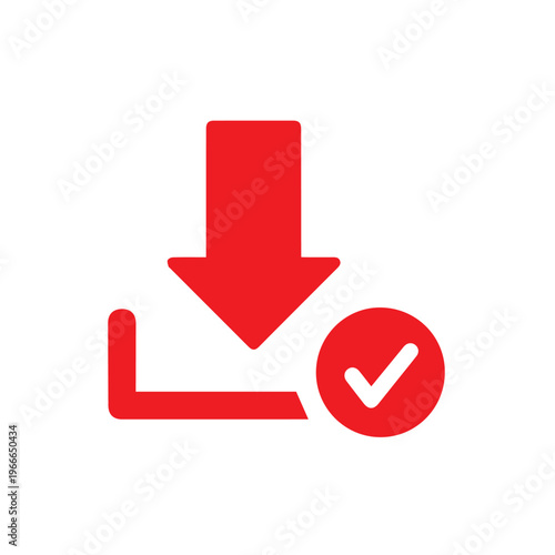 Bold red download icon features an arrow descending into a bracket shape, accompanied by a white check mark within a red circle.