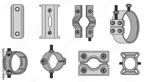 Collection of nine mechanical clamps and connectors shown isolated