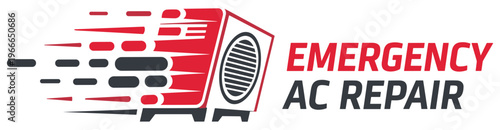 Red and black a c unit with speed lines and bold text