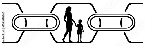 Silhouette of mother and child between blockchain symbols