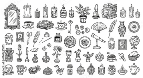 Collection of antique decorative objects and elements in sketch style.