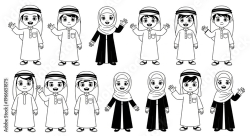 Collection of adorable cartoon illustrations of Arab children in traditional attire.