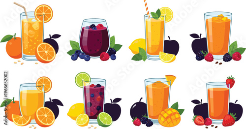 Fresh fruit juice and smoothie collection with orange, berry, mango and citrus drinks, colorful healthy beverages set with glasses, fruit slices and natural ingredients vector illustration