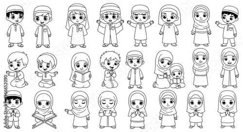 Collection of adorable cartoon Muslim children in various poses.