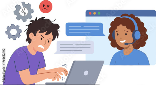 Frustrated man experiences technical issues while customer support agent assists