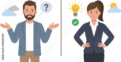 A man and woman in business attire represent confusion and confidence outdoors in contrasting weather.