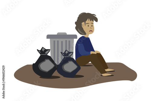 Sad homeless child sitting barefoot in front of trash can and garbage bags.