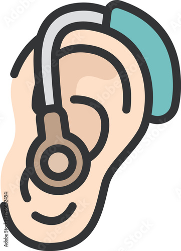 耳につけた、補聴器のアイコン（線画カラー）のイラスト