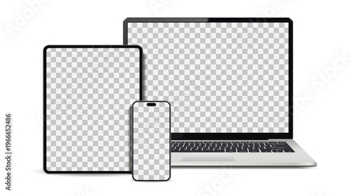 Realistic laptop, tablet, smartphone mockup. Set technology devices with empty display