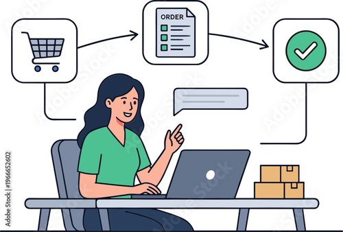 A woman uses her laptop to successfully place an online order with a checklist and shopping cart.