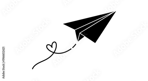 Paper airplane flies with a heart shaped trail simple silhouette