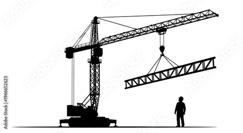 Tower crane lifting steel beam with construction worker striking silhouette