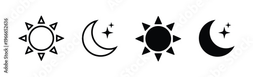Sun and moon vector icons day and night symbol set dark and light mode screen brightness and contrast level symbols for app interface and web elements