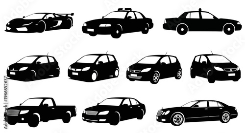 Collection of various vehicle silhouettes against a white background silhouette