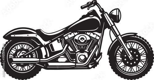 Black and White Vector Silhouette of a Classic Custom Cruiser Motorcycle Isolated on White Background