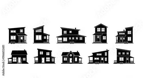 Variety of small house designs and mobile homes in black silhouette