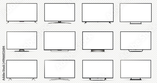 Realistic smart tv mockup set. Different television display with blank screens isolated on transparent background.
