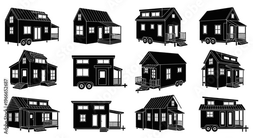 Collection of tiny homes on wheels presented in black silhouette