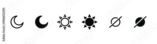 Sun and moon icon collection with day night and eclipse symbols in line and filled styles vector illustration