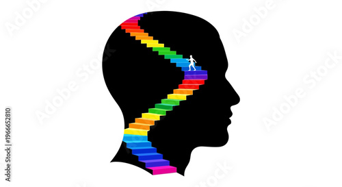 Colorful staircase ascending within a human head artistic silhouette