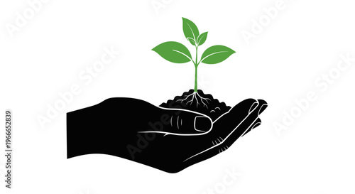 A hand cradling a growing plant depicted in stark silhouette