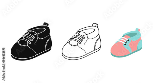 Three baby shoes in varying styles including a dark silhouette