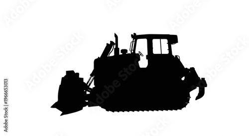 A striking black silhouette of a bulldozer against a white backdrop