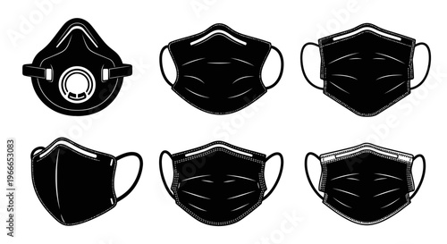 Collection of various face masks displayed in a stark black silhouette