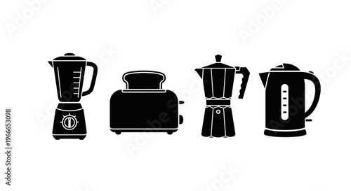 Kitchen appliances in a row depicted as stark black silhouettes
