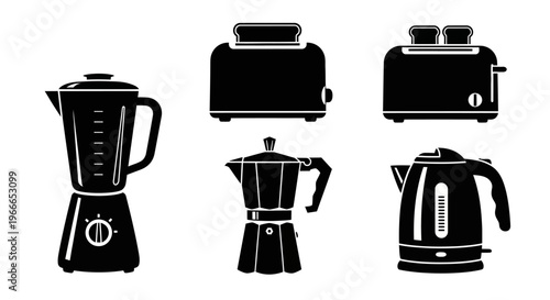 Black kitchen appliances including a blender toaster and kettle silhouette