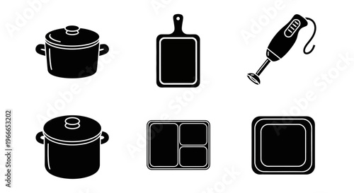 Black kitchenware icons including pots pans and a blender silhouette