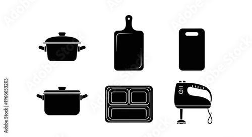 Black kitchenware icons including pots pans and mixer silhouette