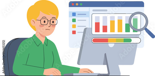 Man sitting at desk analyzing colorful business chart on computer screen