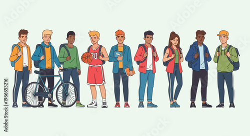 Group of diverse teenage students in flat vector illustration style.