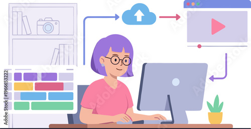 A woman creates a video on her computer in an office.