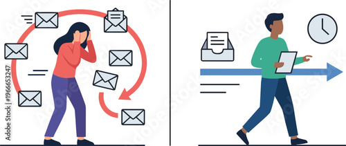 A woman surrounded by floating envelopes talks on phone as a man walks with laptop and papers nearby clock.