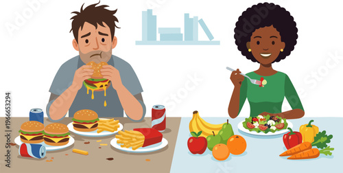 Man and woman eating unhealthy and healthy food at a table indoors