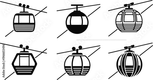 Set of flat vector icons featuring various cable car gondola silhouettes on ropes isolated on white background for mountain transport and ski resort tourism designSet of flat vector icons featuring v