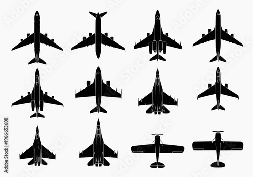Airplane Silhouettes Set - Collection of Aircraft Icons, Jets, and Commercial Planes (Top View)