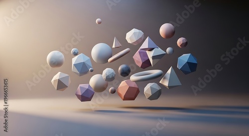 Abstract 3 d geometric shapes floating in space with soft lighting