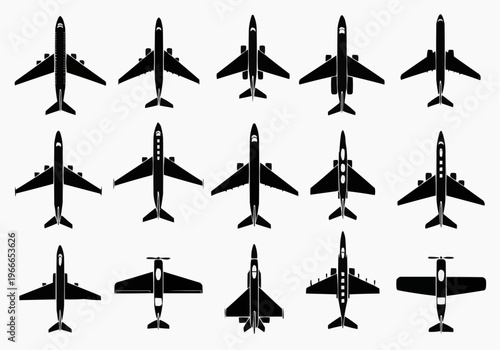 Airplane Silhouettes Set - Collection of Aircraft Icons, Jets, and Commercial Planes (Top View)