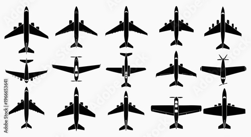 Airplane Silhouettes Set - Collection of Aircraft Icons, Jets, and Commercial Planes (Top View)