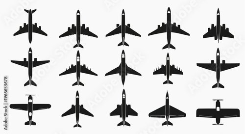 Airplane Silhouettes Set - Collection of Aircraft Icons, Jets, and Commercial Planes (Top View)