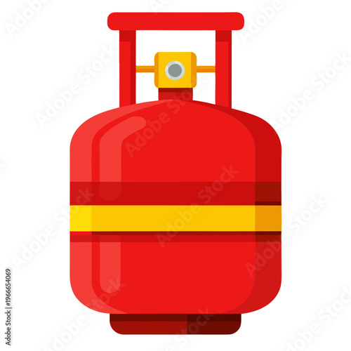 a red propane or gas cylinder with a yellow horizontal band around the middle, a yellow valve assembly on top with a gray knob, red handle, and dimensional shading to show depth, rendered in a flat.