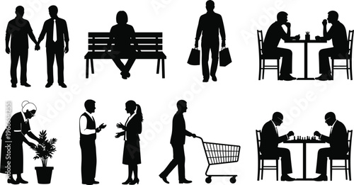Minimalist black silhouettes depicting everyday human activities including social interaction, shopping, leisure, gardening, and conversation, representing lifestyle, community, and daily routine in