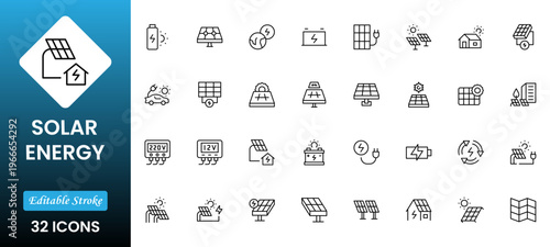 Solar Energy icon set. Green energy icon set. Collection of renewable energy, ecology and green electricity icons. Vector illustration.