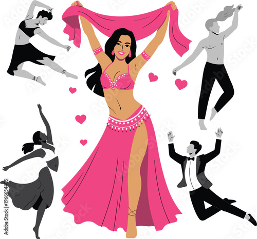 Belly dancer and people dancing vector set, with pink costume, hearts, performers, and party icons