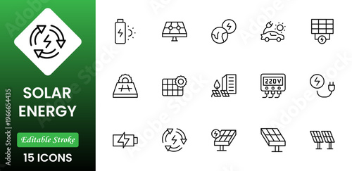 Solar Energy icon set. Green energy icon set. Collection of renewable energy, ecology and green electricity icons. Vector illustration.