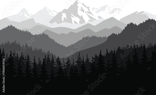 mountain layered landscape with conifer forest silhouettes and peaks