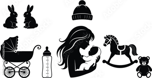 PrintCollection of baby silhouettes featuring mother holding infant with stroller feeding bottle rocking horse teddy bear and toys on white